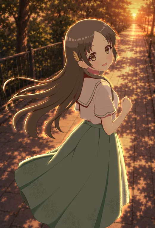 夕暮れの並木道で、振り返って微笑むロングヘアの女の子のイラスト