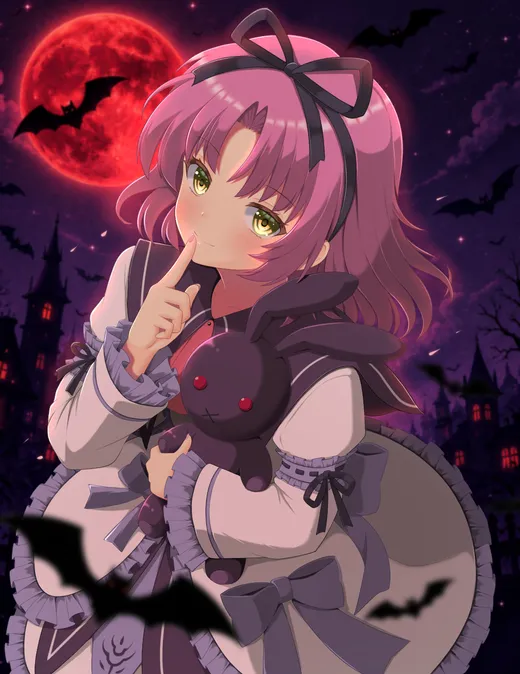 赤い満月とコウモリの舞う夜空の下、黒うさぎのぬいぐるみを抱いたピンク髪の女の子が「ないしょ」のポーズをするイラスト