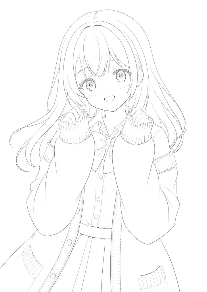 制作途中の線画の例。長い髪の女の子がカーディガン姿で、両手を胸の前にあげてほほえんでいる