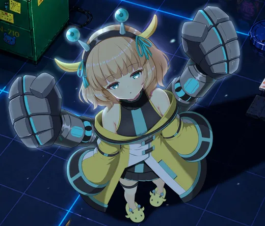 大きなロボットアームを両腕に装備した金髪ボブの女の子を、上から見下ろした構図のイラスト
