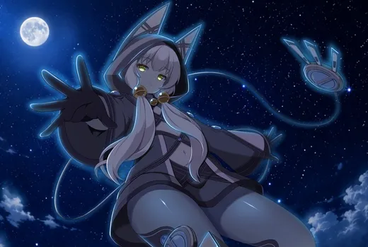 満月と星空を背に、猫耳フードをかぶった銀髪の女の子がこちらへ手を差し伸べるイラスト